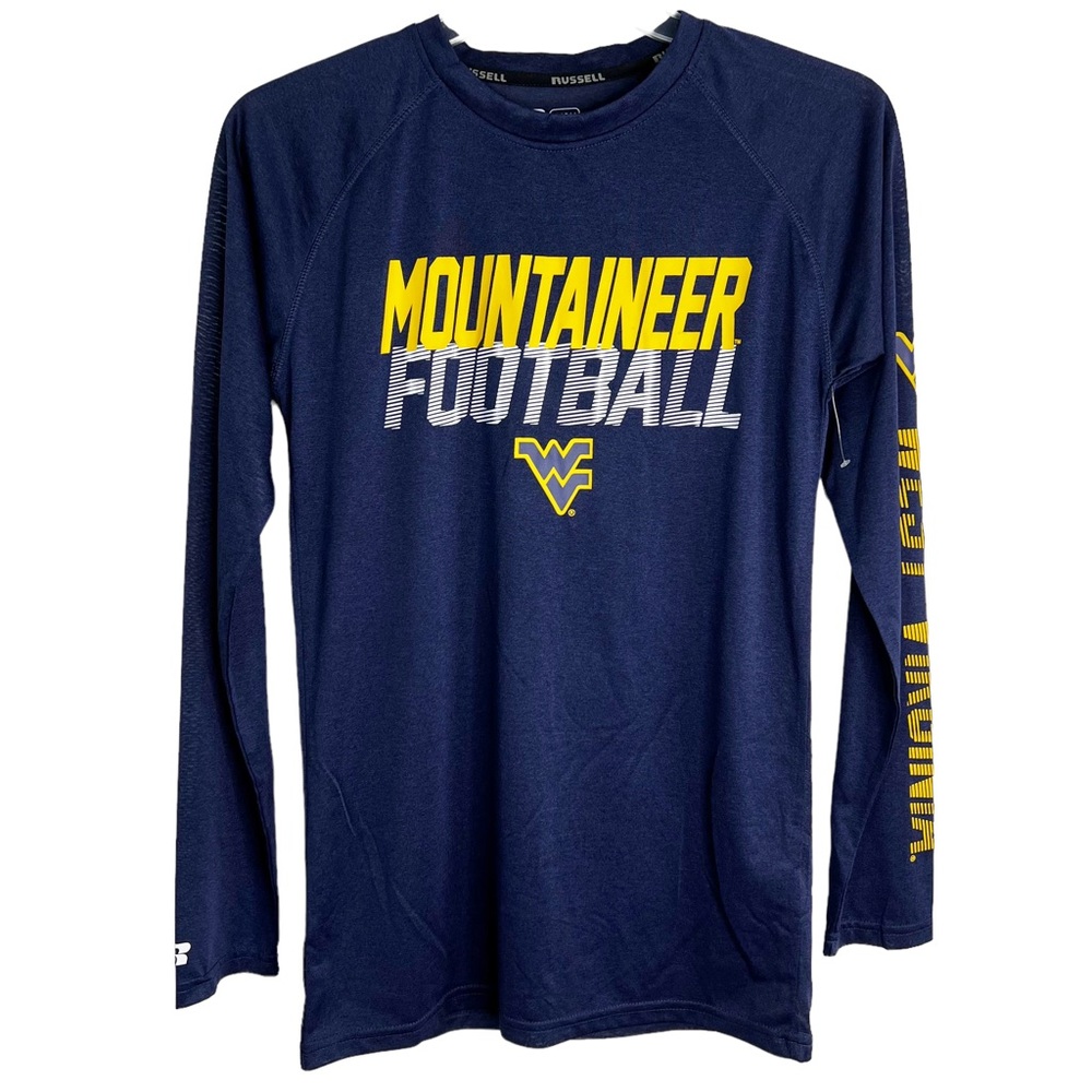 NWOT Russell Athletic LS WV Mountaineer Football Athletic Top Navy Unisex Sz S